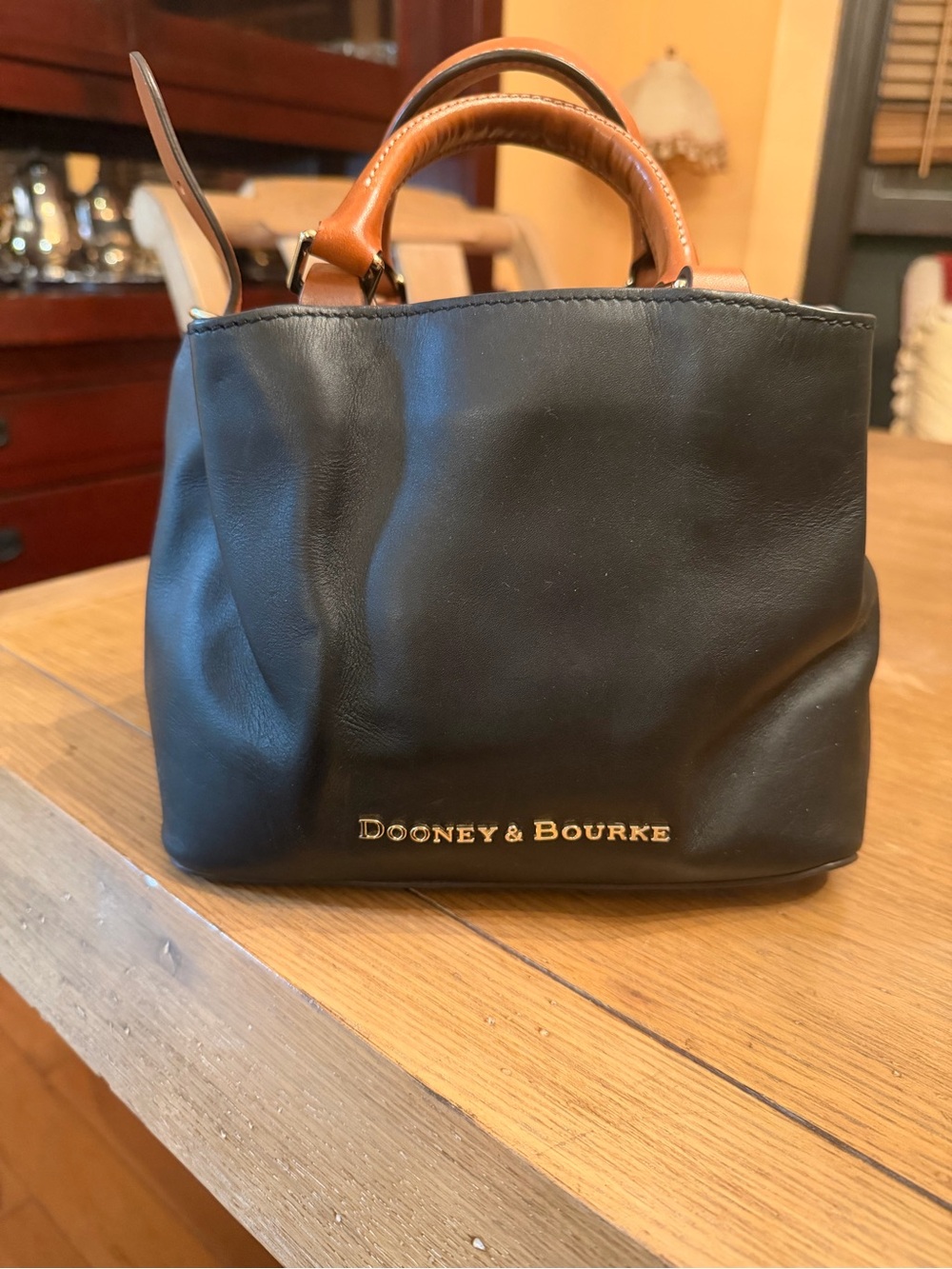 Dooney & Bourke Black Leather Mini Satchel with Brown Handles